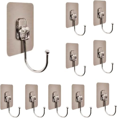 Image of 10 Pack Golden Adhesive Wall Hooks Stackable 180 Rotating Heavy Duty Sticker Hooks for Clothes Keys Towels Coats Bathroom Kitchen Home Office Stylish No Drill Rustproof Hangers
