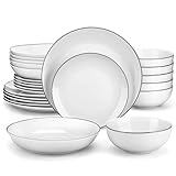 Juego de vajilla cerámica 24 piezas con borde negro y plato porcelana blanca 4 platos for la cena, postre, sopa tazón Vajilla de cerámica(24 Piece)