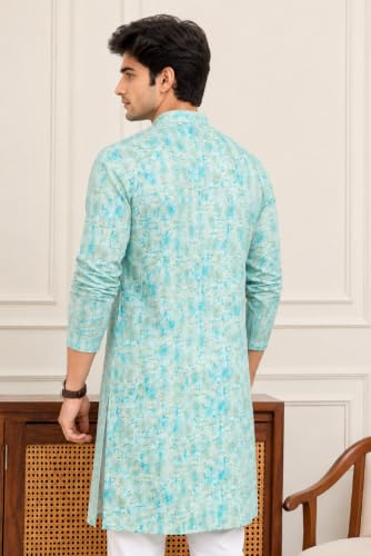 Image of FOXDX Men's Cotton Kurta, Ethnic Printed Kurta for Perfect Ethnic Look, Stand Collar Long Sleeve Casual Printed Regular Long Kurta