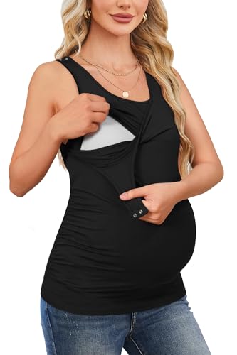Image of OUGES 2025 Womens Maternity Nursing Tank Tops Summer Scoop Neck Ruched Side Sleeveless Maternity Shirts Pregnancy Clothes
