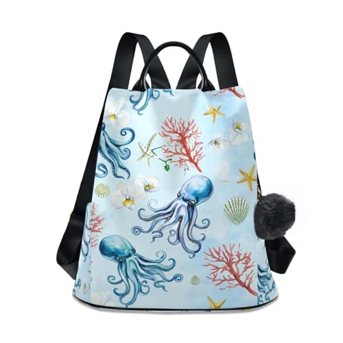 Sac à dos femme grande capacité bleu mer en tissu sergé étanche avec motif original pieuvres