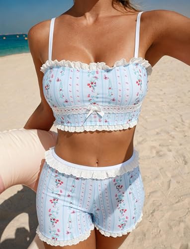 Image of ZAFUL Womens High Waisted Bikini Sets 2 Piece Plaid Ruffle Swimsuits Back Strap Top with High Waisted Shorts Bathing Suit