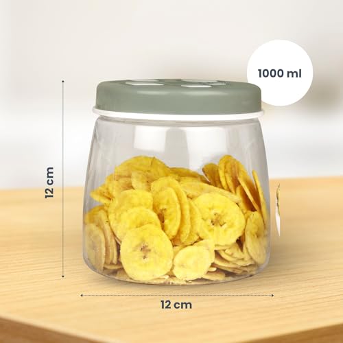 Image of FLAIR Cubics BPA-Free PET Plastic Airtight Food Storage Containers Set of 3 (1000ml Each) with Spoon - Green, Stackable Pantry Jars for Rice, Sugar, Flour, Cereals, Pulses, Snacks & Dry Fruits