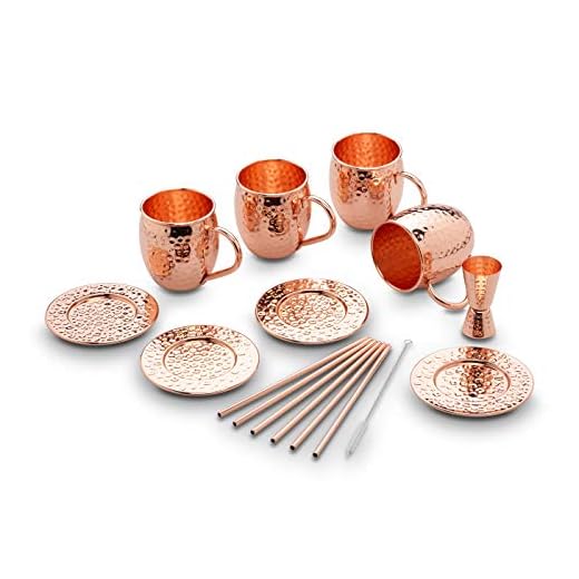 ECHTWERK Moscow Mule kopparbägare set om 13 tillverkade av rostfritt stål i hammarslag-look bestående av 4 x kopparkoppar 500 ml, 4 x underlägg, 4 x sugrör och 1 x mätkopp 2 cl/4 cl, EW-MM-1713H