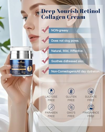 WANUO Retinol Cream for Face, Face Moisturizer, Neck Creams for Tightening and Firming with Collagen & Hyaluronic Acid, Daily Anti-Aging Face Cream for Women, Smooth Wrinkles & Fine Lines, 1.7 Fl Oz