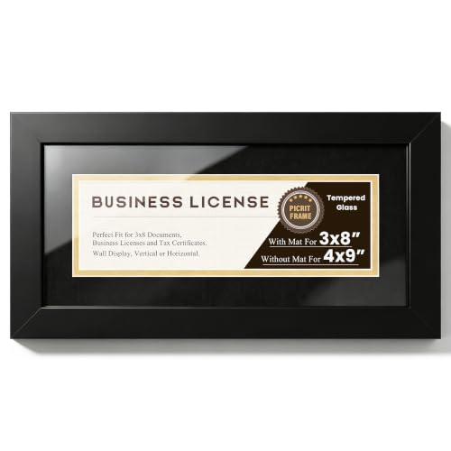 Picrit 4x9 Business License Black Frame with Black Gold Mat for 3x8 Glass