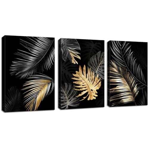 DFZEWKI Canvas Wall Art Black Gold Tree Leaves Picture Printed Poster for Bedroom Living Room Bathroom(70x100cm(28x39in) x3/No frame)