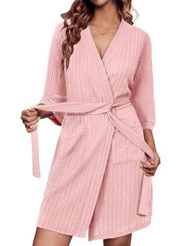 Image of Ekouaer Waffle Robes for Women Bathrobe Lightweight Knee Length 3 /4 Sleeve Knit Bath Robes Female Loungewear with Pockets