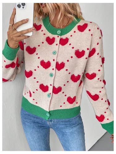 Image of GORGLITTER Women's Heart Long Sleeve Button Down Cardigan Sweater Fall Trendy Dressy Color Block Knit Short Cardigans