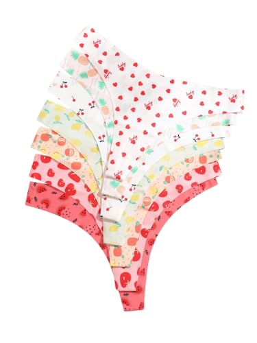 SHENHE Women's Seamless Thongs No Show Invisible Panties Cute Printed Tanga Underwear 7 Pack Multicolor Small