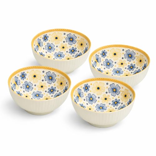 Image of YELONA Ceramic Snack Bowls - Set of 4 (300 ml Each) - Microwave Safe Side Bowls for Serving Noodles, Soups | Rice, Dal, Fruits | Perfect for Christmas, New Year Gift & Daily Use (Flora)