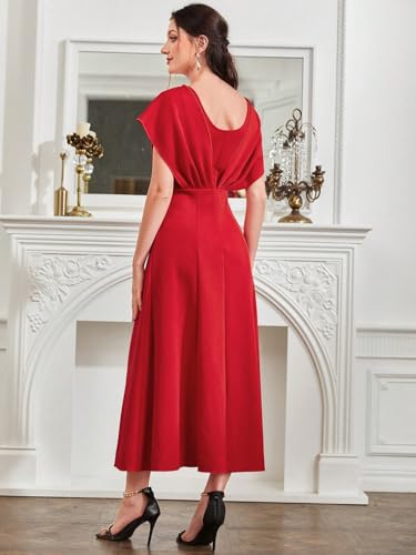 Image of Shasmi Women's & Girl's Solid A-Line Maxi Dress | V-Neck Pleated Bodice | Cap Batwing Sleeves | Fit & Flare Evening Gown (Dress 274)