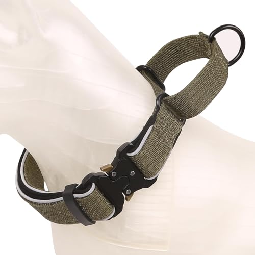 BarkBot Heavy-Duty Reflective Martingale Dog Collar, Half-Choke Adjustable Tightening Escape-Proof Training Collar for Medium and Large Dogs (Army Green, L(W1.2*Neck 16-24"))