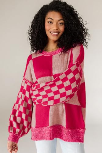 Women's Rose Red Mixed Checkered Pattern Drop Shoulder Sweater4