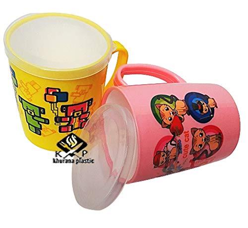 Khurana Plastic Kp Hello Life Cute Cartoons Printed PlasticTea Coffee Milk Mug for Toddlers Children with Lid Return Gift for Kids( Set of 2 Mug Colours Design May Vary)
