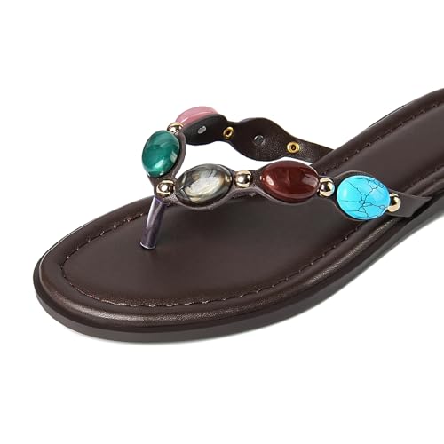 Image of DREAMSTORY Womens Beaded Flip Flops Beach Jeweled Thong Sandals | Open Round Toe, Slip on, Colorful Gemstones Embellished, Fashionable Summer Beach Style, Casual Flat Studded Shoes