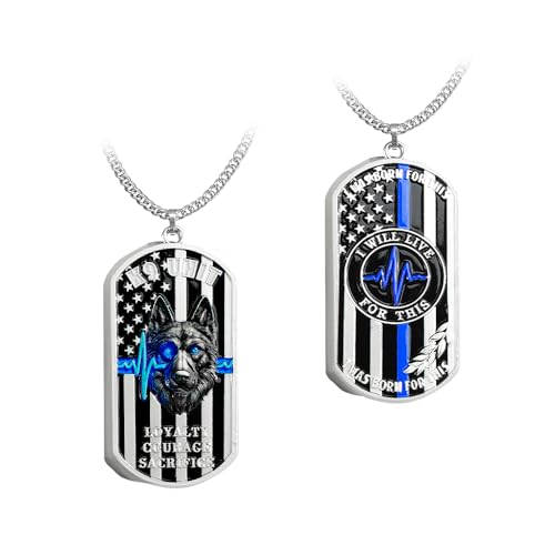 RYUKENLM K9 Unit Wolf Tag - I Will Live for This- Silver Plated Police Dog Tag Thin Blue Line Pendant Necklace Motivational Gift for Law Enforcement Police and K9 Officers