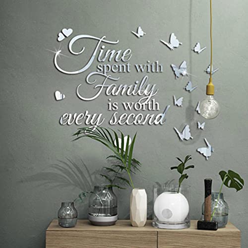 3D Acrylic Mirror Wall Stickers With Butterfly, Time Spend With Family Peel And Stick Mirror Wall Decal, Removable Mural Diy Wall Decor For Dinning Living Room Office Hallway Bedroom-Silver #TOP2