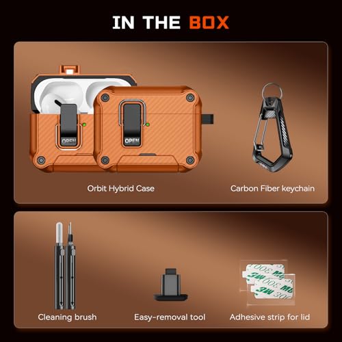 Image of Inesore for AirPods AirPods Pro 1st /2nd Case with Secure Lock (Orange) | Phone Stand Design,Compatible with MagSafe,Automatic Snap Switch Secure Cover Carbon Fiber Texture with Cleaner Kit