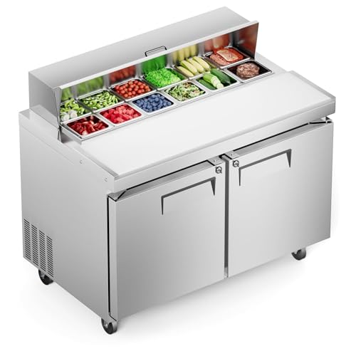 Image of 48 inch W Commercial Salad Bar Refrigerator, 2-Door Stainless Steel Buffet Station with 12 Pans, Fan Cooling, Adjustable Temperature Control, Sandwich Prep Table for Restaurants Bars Commercial Kitchens