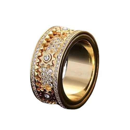 Diamond Ornate Geometric 3D Band Ring,Pure Handmade Gear Spinning Full Diamond Starry Ring,For Women Men Teens,Diamond Ring with Moving Gears Mechanical Decompression Anxiety
