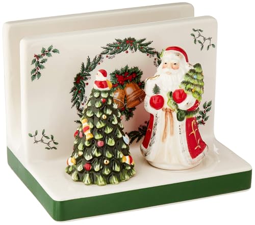 Spode Christmas Tree 3-Piece Hostess Set - Napkin Holder, Salt Shaker, Pepper Shaker (Santa & Tree Figural) - Festive Earthenware for Christmas, Holiday Entertaining - Collectible Gift Set