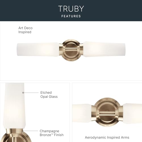 Image of Kichler Truby 2-Light Bathroom Vanity Light Fixture with Satin Etched Cased Opal Glass in Champagne Bronze, Modern Art Deco Wall Sconce for Mirror (20.75 in x 4.5 in), 55074CPZ