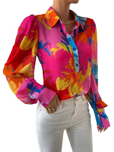 Button Down Shirts for Women Dressy Lantern Long Sleeve Blouses Printed Casual Loose Colorful Blouse Work Tops2