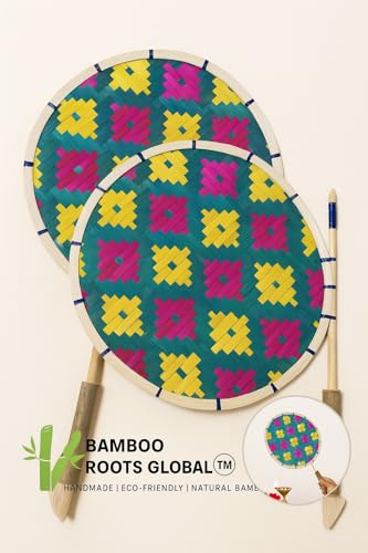 Image of Handmade Bamboo Hand Fan pack of 2 - Traditional Eco-Friendly Pankha for Summer, Colourful Natural Cooling Fan for Home & Pooja inch (2)