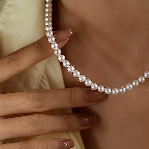 Silver 6MM Cream White Round Pearl Choker, 14K Gold Plated Dainty Cross Bow Lobster Clasp Necklace for Women Jewelry Gifts3