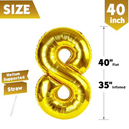 Image of 40 Inch Gold Number 8 Balloon Birthday Party Decorations for Men & Women | 40 Inch Gold inflatable foil number balloons, large birthday decorations for 8th birthday