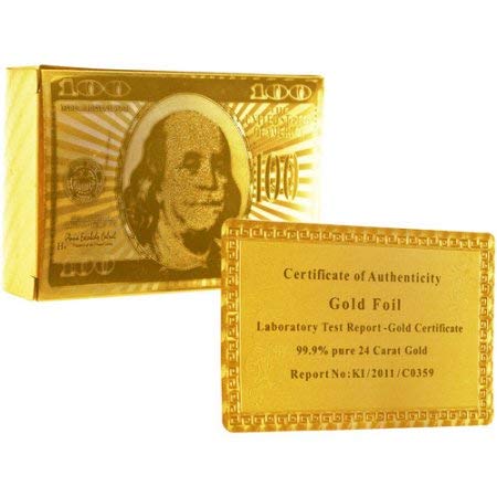 Image of Awestuffs Golden Foil Poker Playing Cards, 100 Dollar Design, Waterproof, Party Theme, Unisex Adult