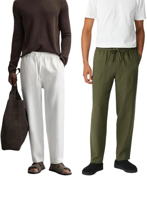 Men’s Cotton Linen Pajama Set Pack of 2 – Soft Breathable Night Suit Sleepwear Lounge Wear for Men, Relaxed Fit Pajama Combo, Olive & White-picture-37