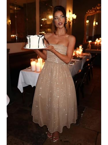 Strapless Sparkly Tulle Prom Dress with Back Bow Formal Evening Party Gown Tea-Length for WomenEvening Gown4