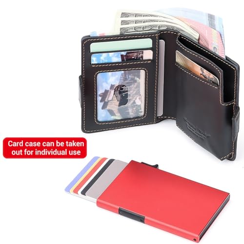 Mens Wallet Card Holder: Pop Up Aluminum Case, Genuine Leather, Smart, RFID Blocking, Slim, Minimalist, Front Pocket - 9-12Capacity | ID Window | Cash Slot4