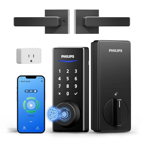 Image of Philips WiFi Smart Lock with Handle, Fingerprint Keyless Entry Door Lock with WiFi Bridge, Smart Locks for Front Door with Handle Set, APP Remote Control, Voice Control, Auto-Lock, Matte Black