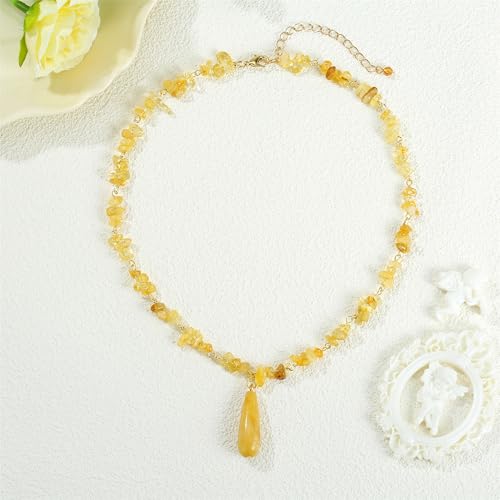 Xalroco Gemstone Choker and Pendant Boho Hippie Necklace for Women Natural Stone Chip Beaded Surfer Necklaces 14K Real Gold Plated Summer Beach Handmade Jewelry (Citrine-1PCS-Pendant) by Xalroco - Image 2