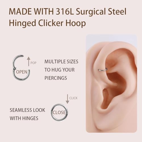 Image of FANSING Men Women 316L Surgical Steel Hinged Nose Rings Hoop for Nostril Septum Cartilage Helix Daith Tragus Rook Conch Lip Ear Lobe Piercings