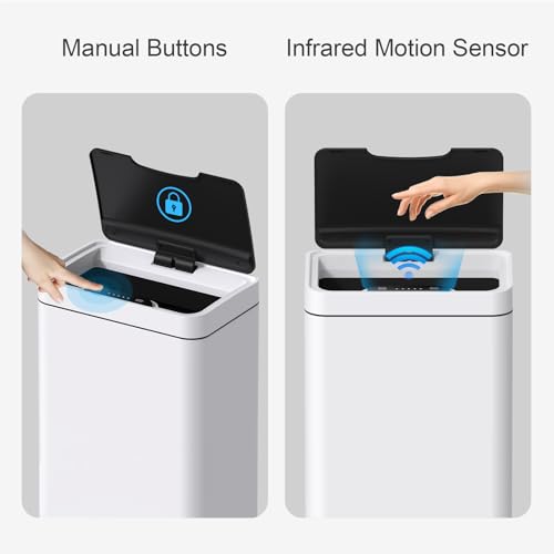 Image of Mbillion 15 Gallon Touchless Motion Sensor Trash Can | Rectangular whtie smart garbage can with lid, automatic touchless design for kitchen, bedroom, home & office use