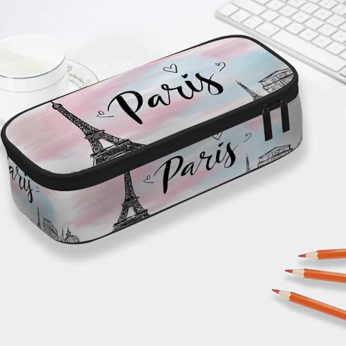 Image of Yekiua Eiffel Tower Pencil Holder Vintage Romantic Paris Flower Love Heart Big Capacity Pencil Case Multi-Purpose Makeup Pouch For Office College Adult Pink
