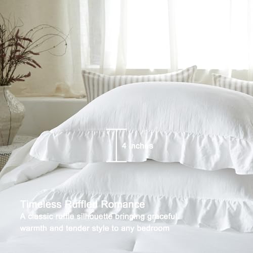 Image of Pure White Ruffle Comforter Set Queen, Pre-Washed Shabby Chic Bedding Set, Lightweight Cottagecore Soft Romantic Cozy 1 Comforter & 2 Shams, All-Season