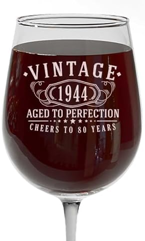 Vintage 1944 Etched 16oz Stemmed Wine Glass – Happy 80th Birthday Gifts for Women Men, Cheers to Turning 80 Year Old Decorations Decor, 80th Bday Party Favors Supplies, Best Gift Ideas Her Woman 1.0