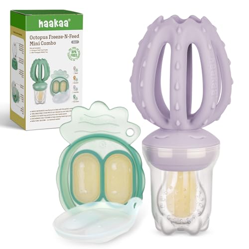 Image of Haakaa Octopus Baby Fruit Food Feeder & Mini Freezer Nibble Tray Combo, Breastmilk Popsicle Molds for Cooling Relief, BPA Free Silicone Feeder for Safe Infant Self Feeding, 4 Month+ (Lavender)