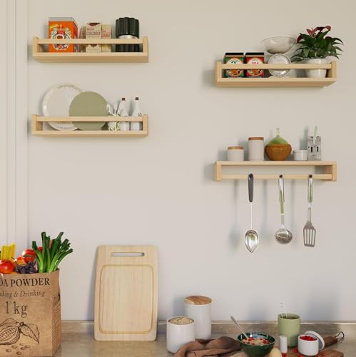 Image of Decazone Nursery Wall Shelves Set of 3, Solid Pine Wood Floating Bookshelves for Kids Room, Bathroom, Kitchen & Living Room - Multipurpose Wall Storage & Display Rack (Natural Finish)