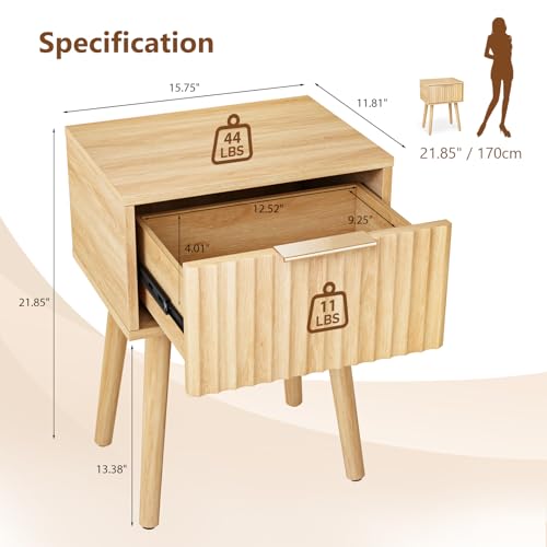 Image of VINGLI Night Stand Set 2, Fluted Nightstands with Drawer, Mid Century Modern Nightstands Set of 2, Bedside Table, End Table, Wood Nightstand for Bedroom, Natural Oak, 15.75 inch W*11.81 inch D*21.85 inch H
