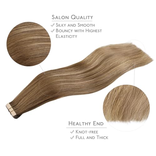 Image of WENNALIFE Tape in Hair Extensions Human Hair, 20pcs 50g 24 inch Balayage Chestnut Brown Mixed Dirty Blonde. Remy Hair Extensions Straight Human Hair Tape in Extensions Skin Weft Tape Extensions Human