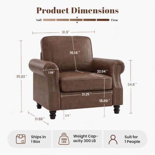Image of Kingfun Faux Leather Accent Chair with Rolled Arms,Mocha