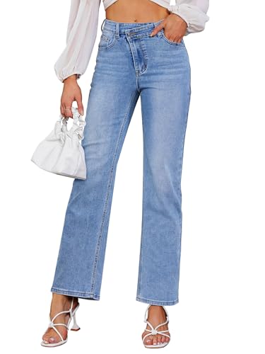 Genleck Women's Blue High Waisted Crossover Jeans - Wide Leg, Stretchable, Casual Denim Pants