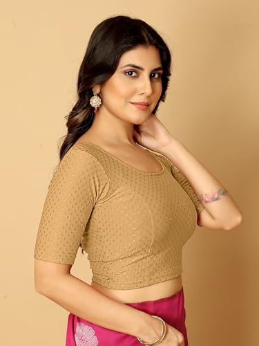 Image of Amazon Brand - Anarva Round Neck Dobby Cotton Lycra Stretchable Elbow Half Sleeve Readymade Saree Blouse for Women Stylish