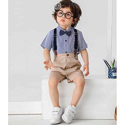 Baby Boys Gentleman Outfits Suits, Infant Blue Shirt+Bib Shorts+Tie+Suspenders Clothing Set,12-18 M #TOP2